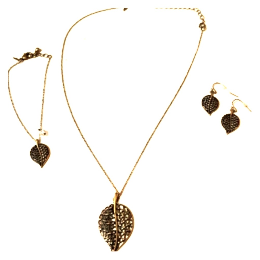 3-Pc.Bronze Leaf Necklace, Earrings & Bracelet Set